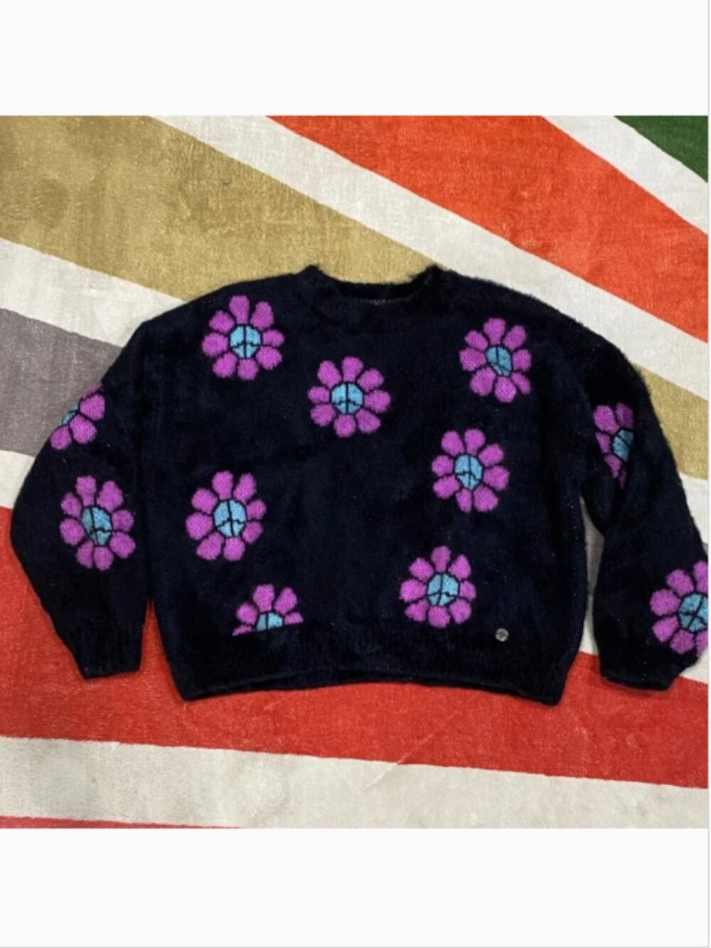 3/$10 Justice Black Sweater with Purple and Blue Floral Design